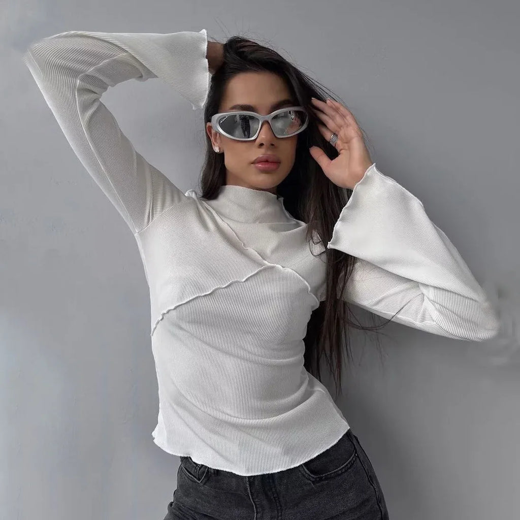 Long Sleeve T-shirts Women Round Neck Line Irregular Hem Knitted Flared Sleeves Autumn Bottoming Tee Chic Fashion Sexy Solid New