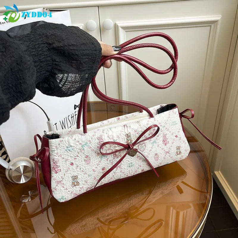 ●1Pcs Sweet Bow Shoulder Bag Cartoon Print Underarm Bag Female Tote Bag Large Capacity Commuter Handbag Holiday Gift