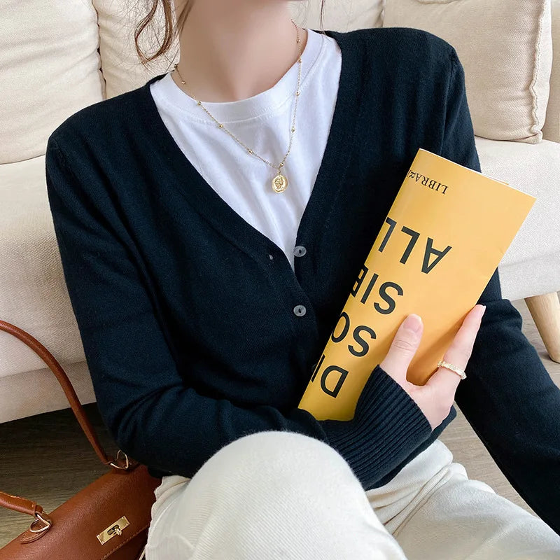 Spring Autumn Women Cardigans Loose Solid Single Breasted V-neck Pink Red Fashion Cardigan Jumpers Knitwear 2025