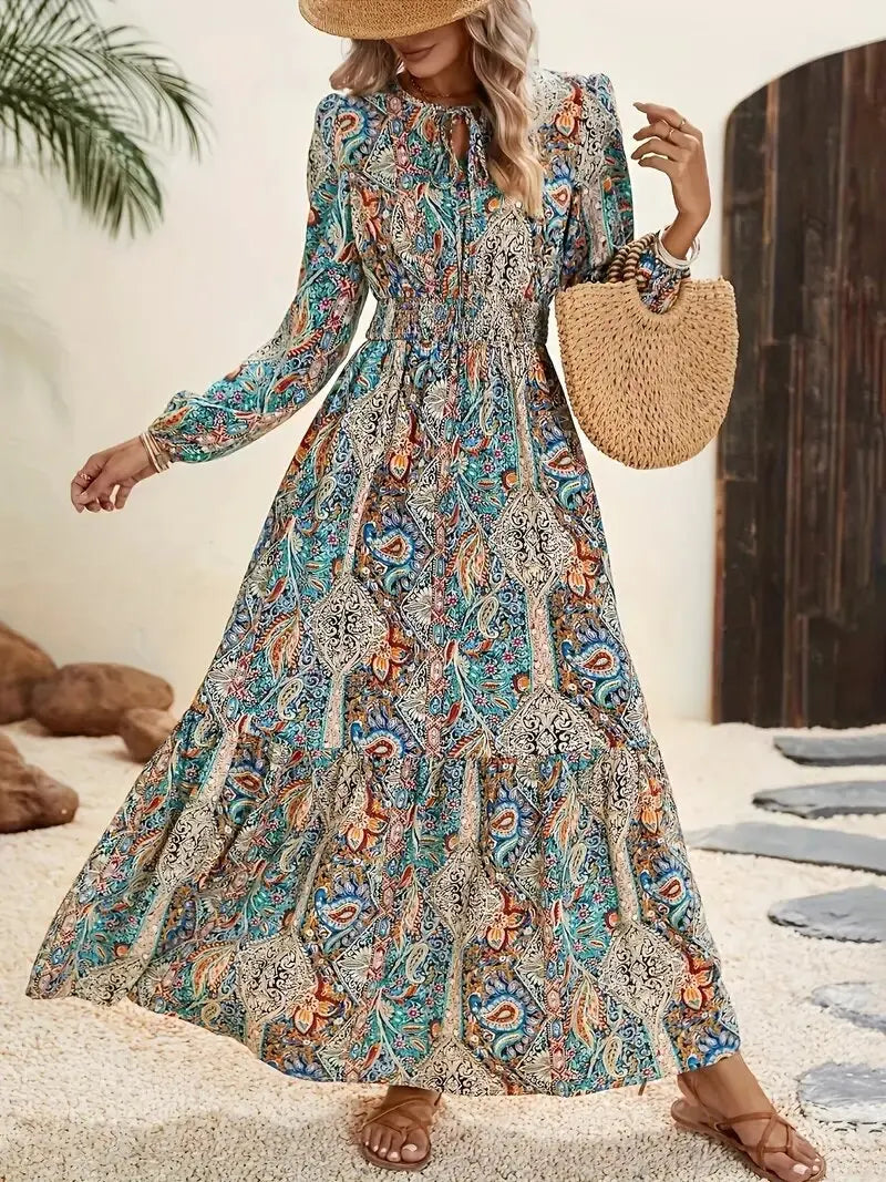 Fashion Ruffles Print Maxi Dress Women Autumn Long Sleeve Lace Up Long Dress Boho Elastic Waist A-line Vestidos
