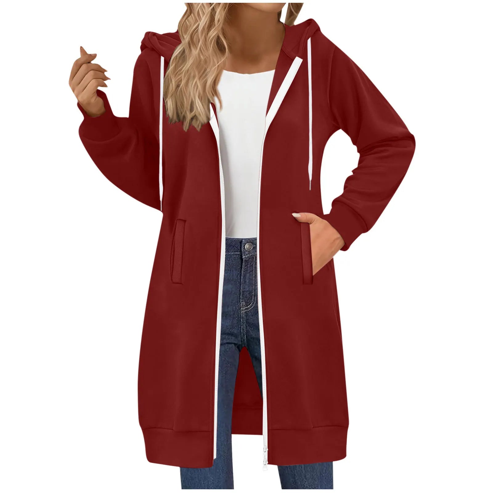 Women's Clothing Long Sweatshirt Casual Versatile Drawstring Long Sleeve Hooded Jacket with Pockets