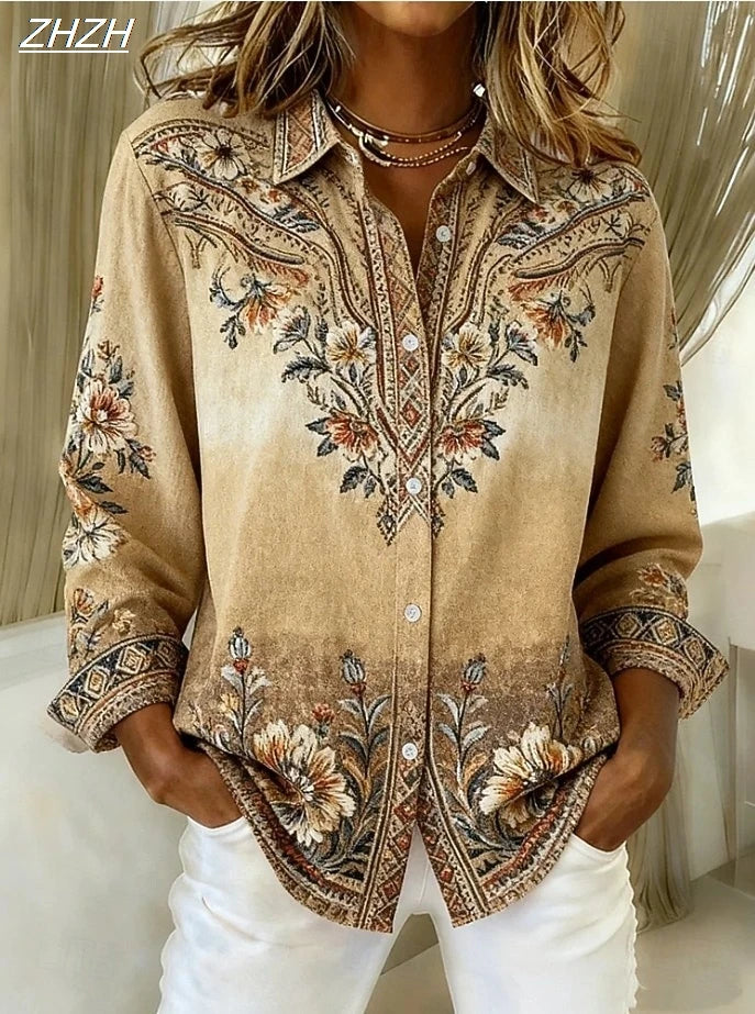 Women's Shirt Blouse Floral Graphic Geometric Bohemia Vintage Casual Long Sleeve Shirt Collar Regular Tops Fall Winter