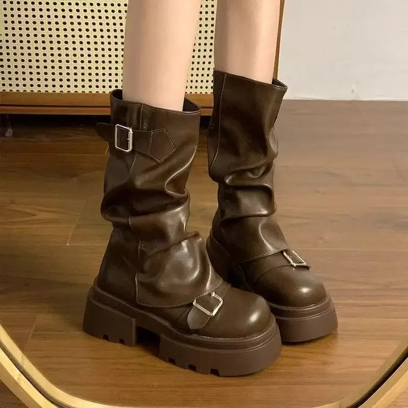 Women  Mid-Calf Women's Boots Platform Modern Boots Women Buckle Square Toe Side Zip Square Heel Shoes Female