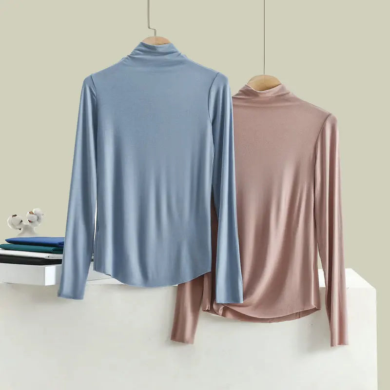 Women Autumn Bottoming Tshirt Long sleeves Mockneck Seamless T-shirt wear inside winter Tee Tops All match