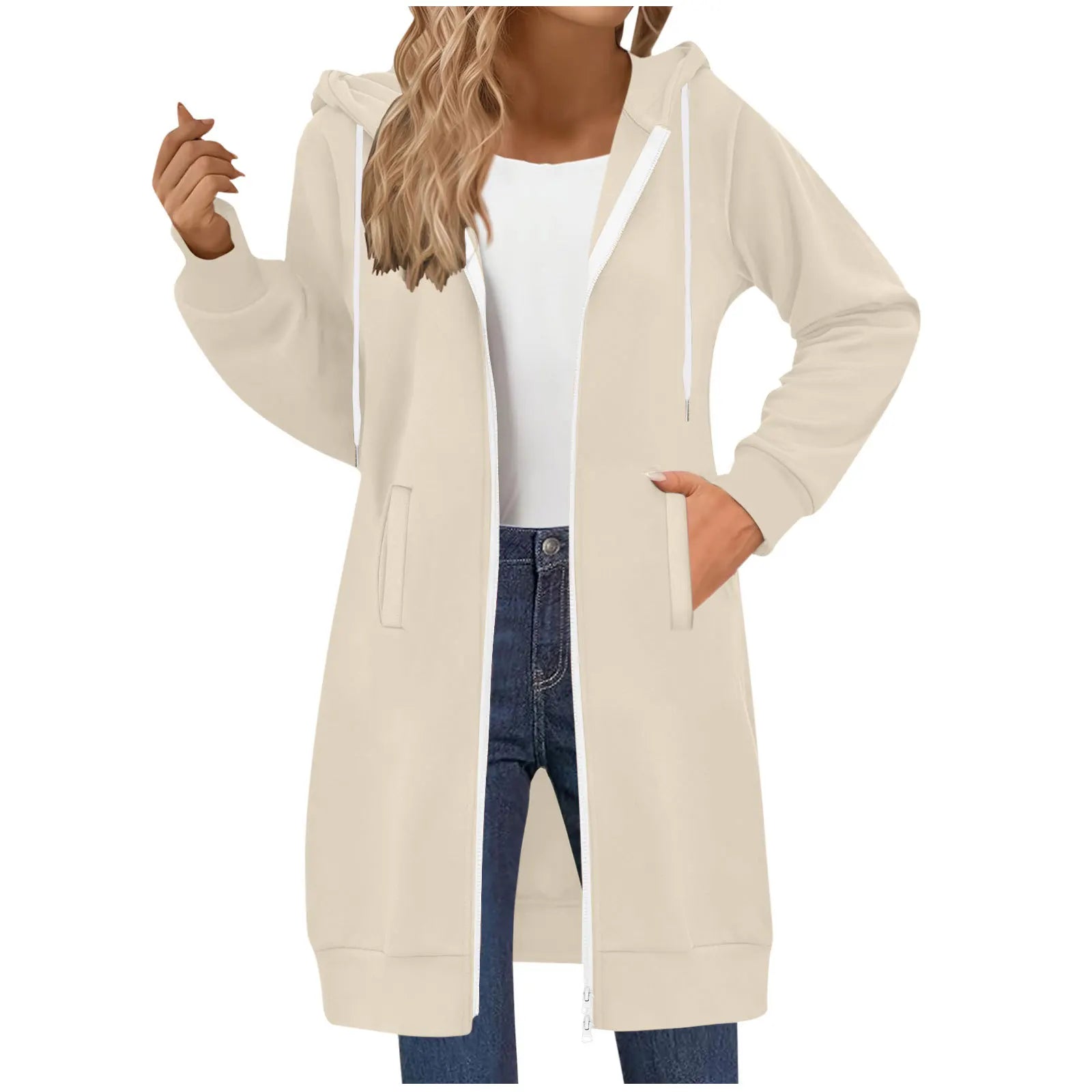 Women's Clothing Long Sweatshirt Casual Versatile Drawstring Long Sleeve Hooded Jacket with Pockets