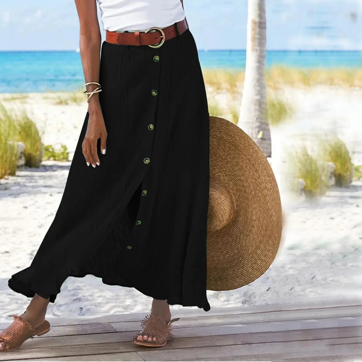 Cotton Linen Button-Front A-Line Maxi Skirt