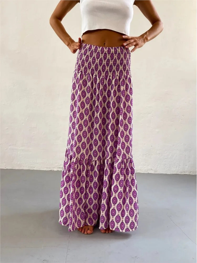 Elastic Waist Floral Print Boho Midi Skirt