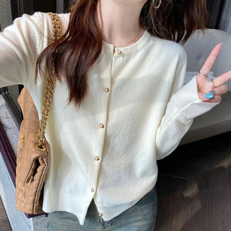 Knitted Women Cardigans New Long Sleeve O-Neck Black Knit Cardigan Women Tops Knitwears Sueters De Mujer Q1054
