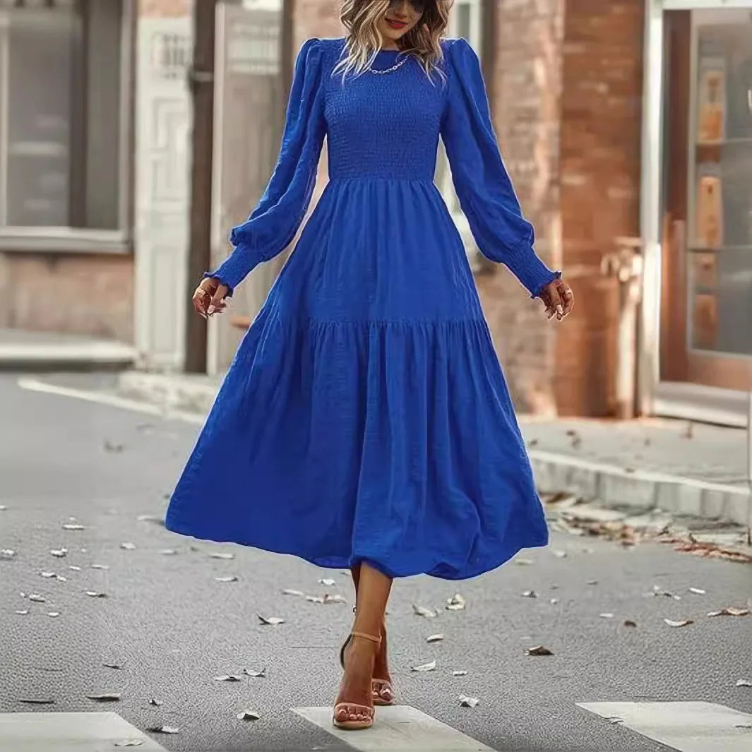 Dress Women Long Dresses A Line Vestidos Streetwear Round Neck Maxi Lantern Sleeve Casual Elegant Splice Y2k High Waist 2025