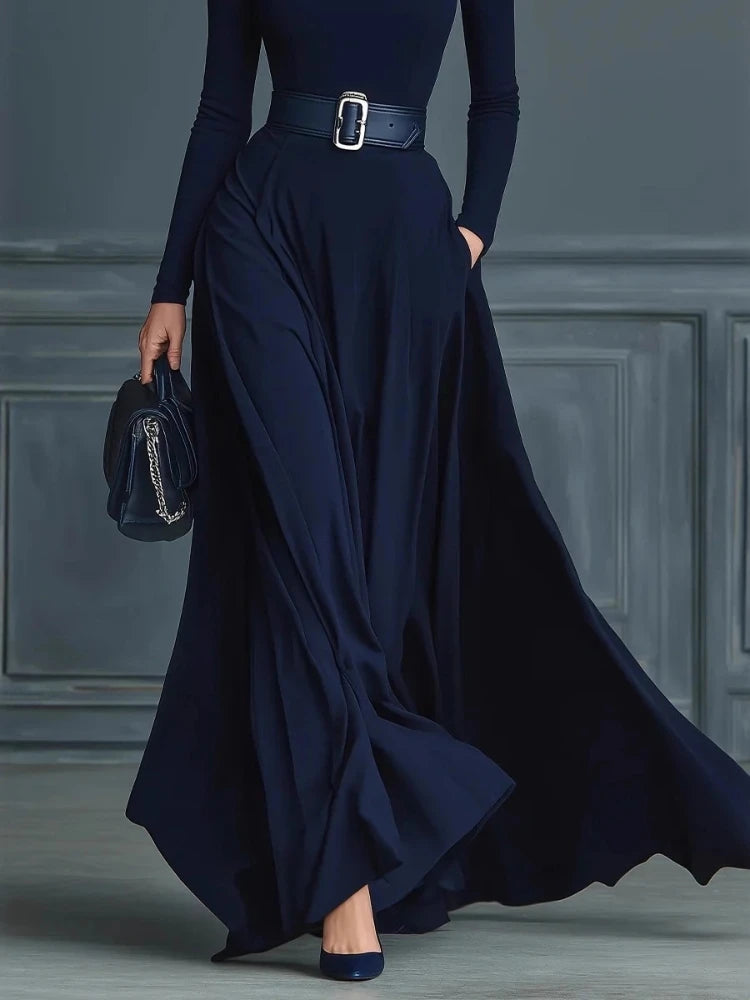 Women Elegant Solid Color Turtleneck Maxi Dress Solid With Pockets Long Skirt Dresses Long Sleeve Office Party Long Dresses