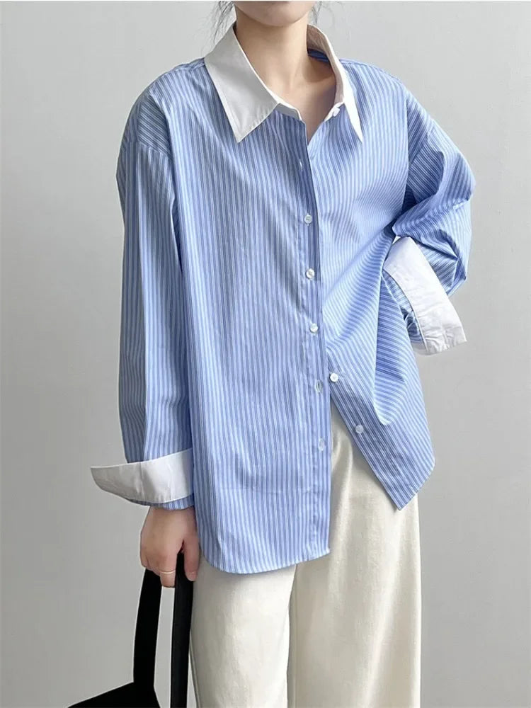French Blue & White Striped Shirt for Women Spring New Loose Elegant Blouse Fashion Temperament Versatile Women's Shirt