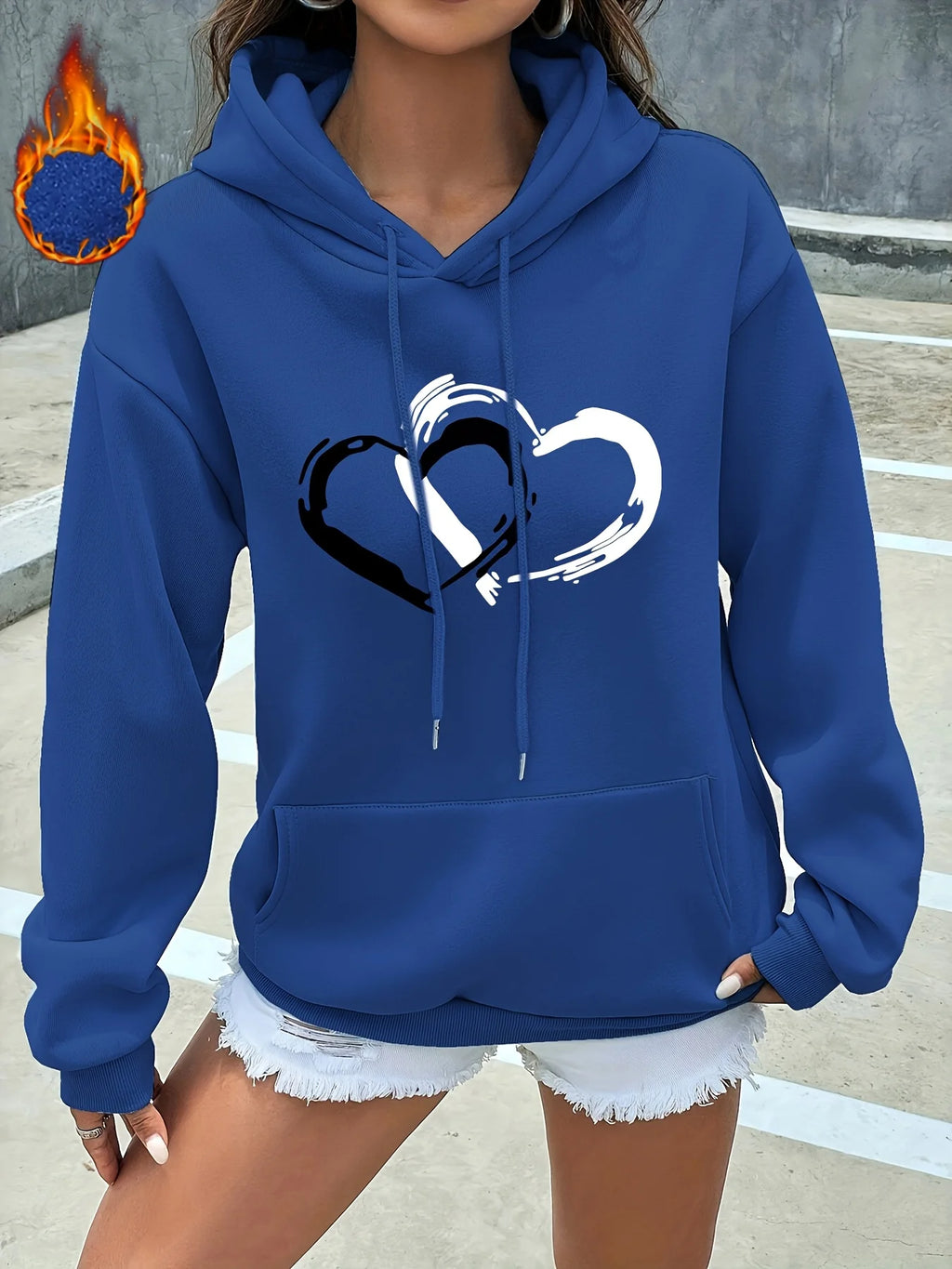 Heart Print Kangaroo Pocket Hoodie Casual Long Sleeve Drawstring Hoodies Sweatshirt for Winter & Autumn Women's Clothing
