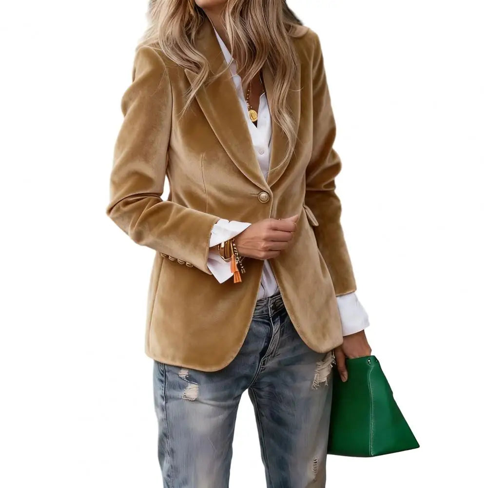Elegant Velvet Blazer for Women Single Button Lapel Female Blazer Jacket Slim Fit Office Lady Outerwear Coat Spring Autumn Women