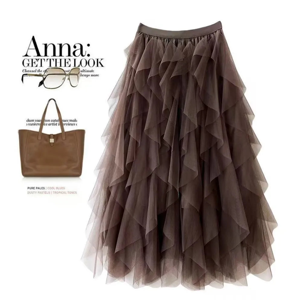2025 New Fashion Tutu Tulle Skirt Women Long Maxi Skirt Spring Summer Korean Black Pink High Waist Pleated Skirt Female One Size