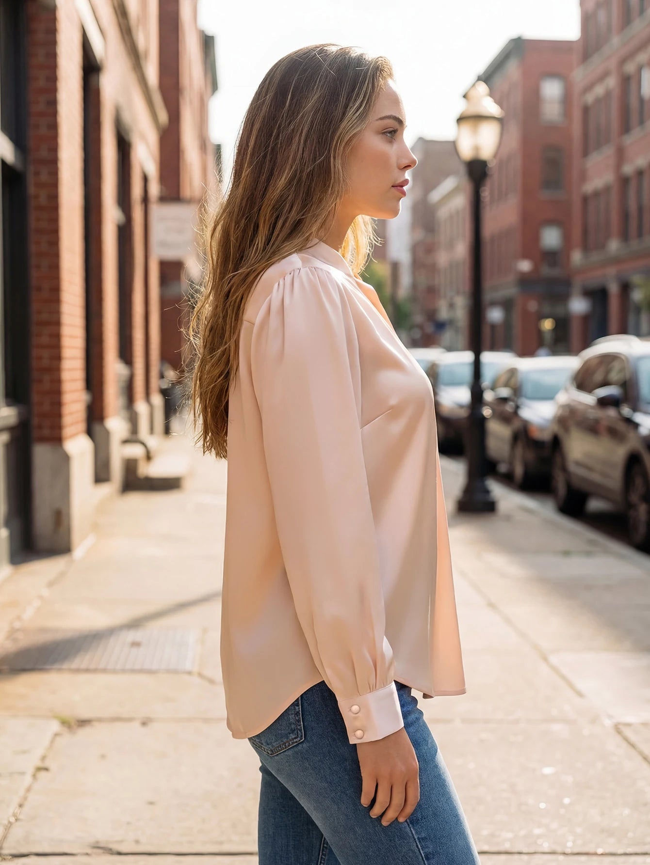 Plus Size Blush Pink Satin Blouse Women High Neck Pleated Long Sleeve Elegant Office Work Shirt