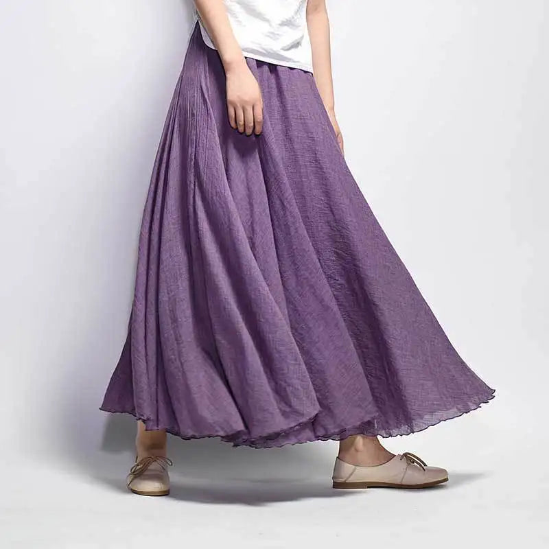 Women's Elegant High Waist Linen Maxi Skirt 2024 Summer Ladies Casual Elastic Waist 2 Layers Skirts saia feminina