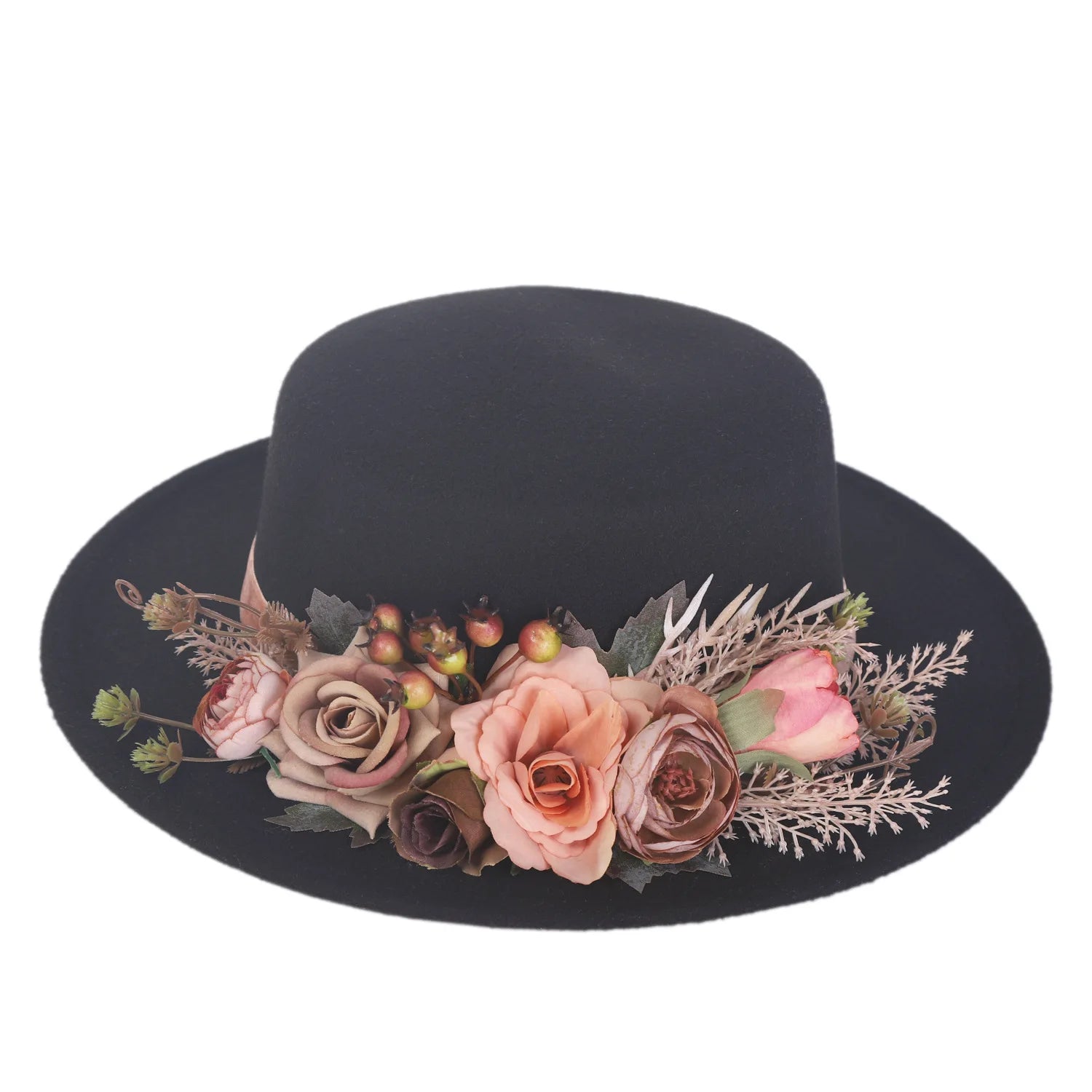 Fedora Hats Women's Flower flat cap Fashion Autumn Winter Warm Flat Top Basin Hats British Vintage Top Hats