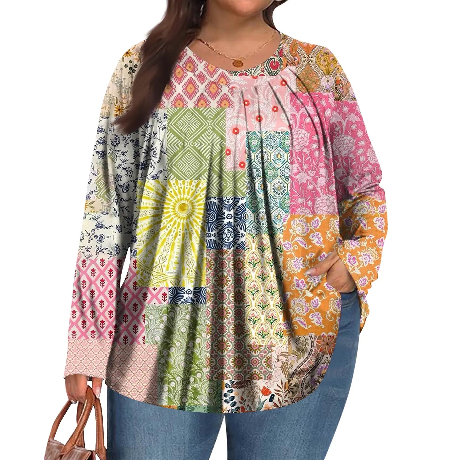 Plus Size Long Sleeve Top for Women Fashion Retro Floral Print Pleated Round Neck T-shirt Female Casual Autumn Base Shirt