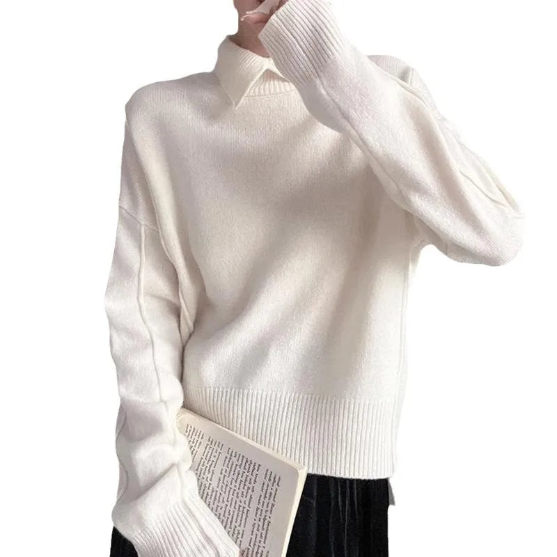 2025 Autumn Women Warm Shirt Turn-down Collar Solid Knit Pullover Winter Elegant All-match Long Sleeve Sweater Lady Elegant Tops