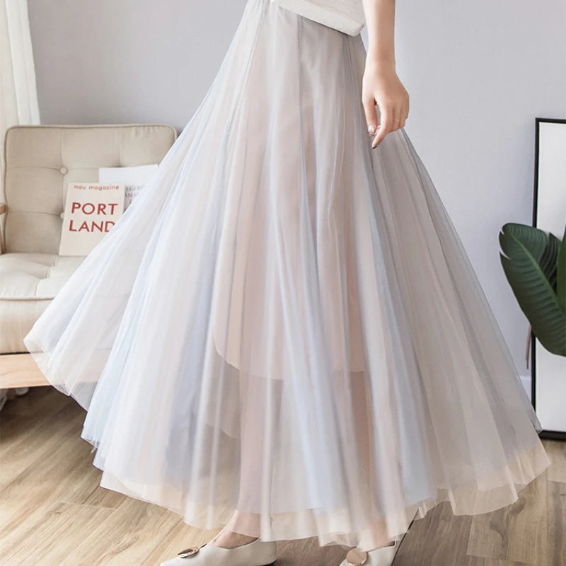 Vintage 100cm Long Tulle Maxi Skirt for Women Korean Style High Waist Elastic Mesh Pleated Tutu Skirt Female Jupe Longue