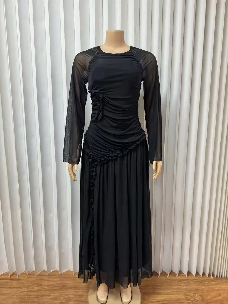 Plus Size Long-sleeved Elegant Dress, European and American Women's Clothing Round Neck Slim-fit Long Dress