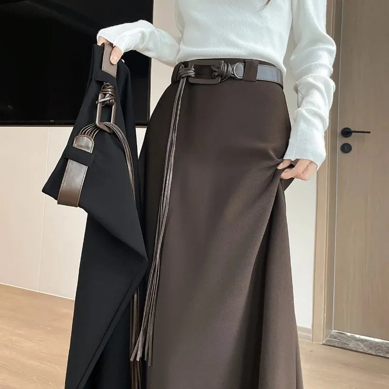 Women's Maxi Skirt High Waist with Belt A-Line Flared Hem