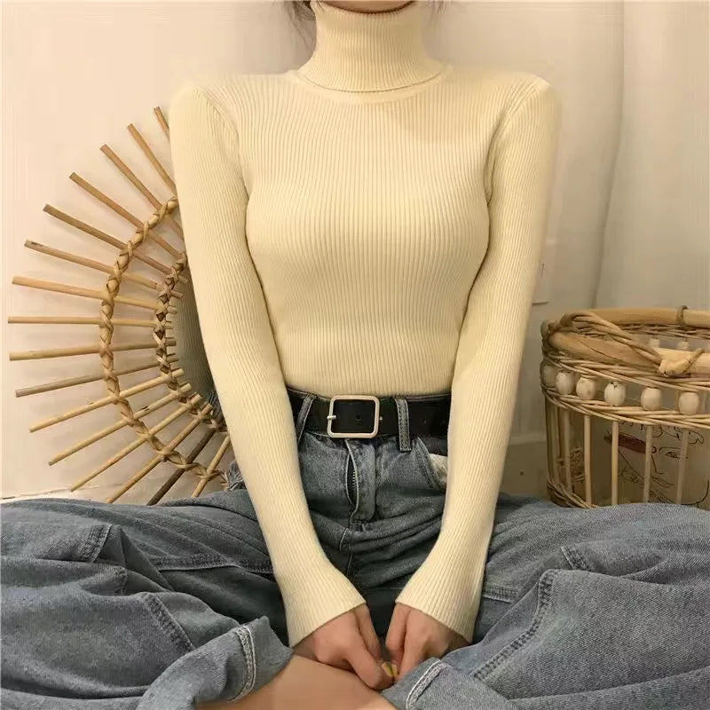 Women Heaps Collar Turtleneck Sweaters Autumn Winter Slim Pullover Women Basic Tops Casual Soft Knit Sweater Soft Warm Jumper