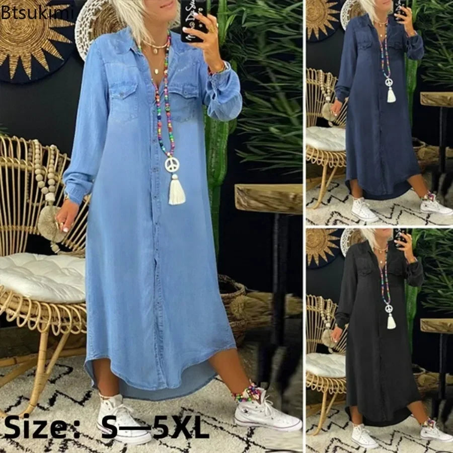 2026 Women's Spring Autumn Denim Dress Blue Long Sleeve Elegant Long Jeans Dresses Female Casual Fashion Holiday Ladies Dress