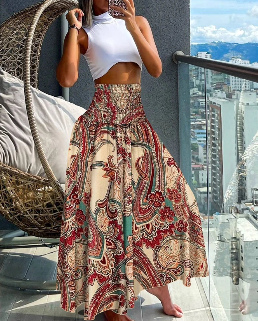 Women's High Waist Elastic Printed Long Skirt A-Line Flowy Maxi Skirt Bohemian Style Casual Beach Skirt
