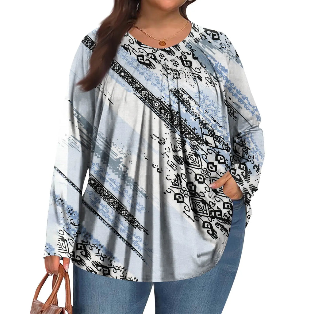 Plus Size Long Sleeve Top for Women Fashion Retro Floral Print Pleated Round Neck T-shirt Female Casual Autumn Base Shirt
