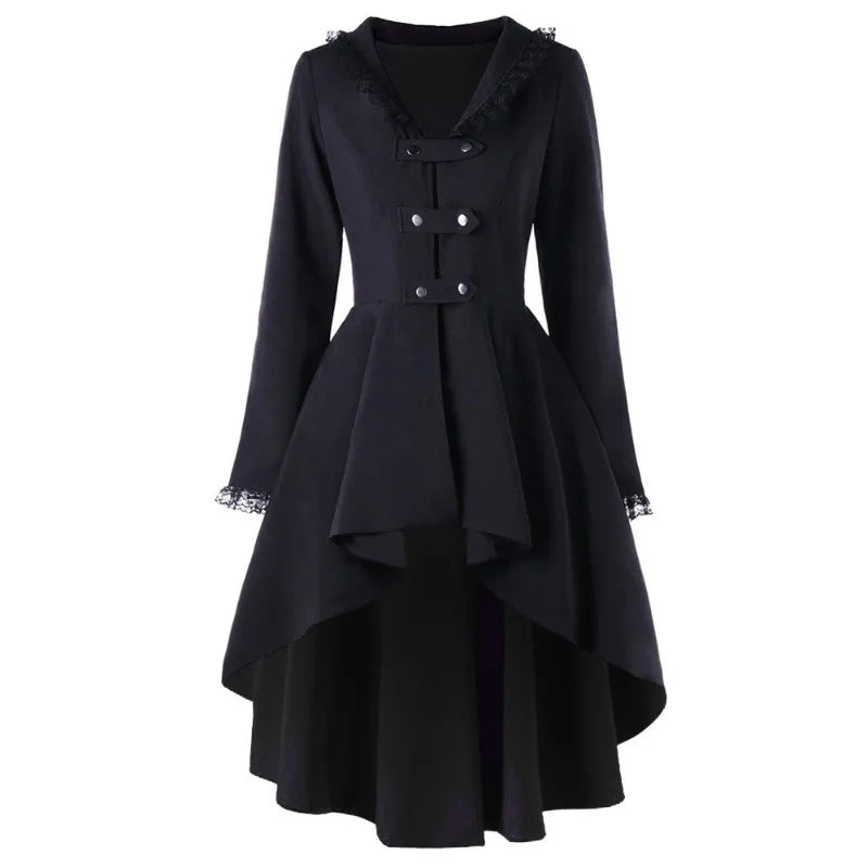 Tailcoat Vintage Long Coat Irregular Hem With Unique Buttons And Lace Trim Womens Trench Coat