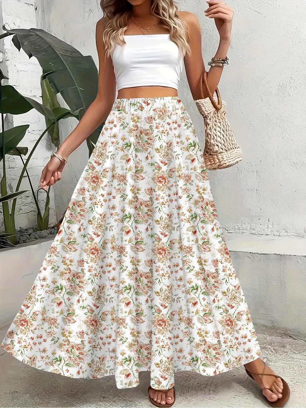 Printed Design Red & White Ditsy Floral Print All-Season Women's Maxi Skirt, Boho Elastic Waist Flowy Half Skirt