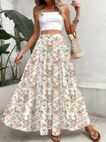 Printed Design Red & White Ditsy Floral Print All-Season Women's Maxi Skirt, Boho Elastic Waist Flowy Half Skirt