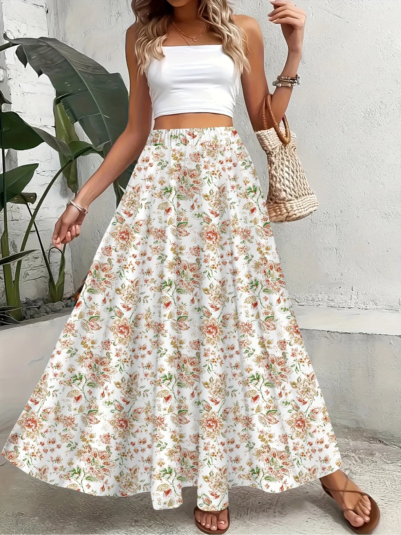 Printed Design Red & White Ditsy Floral Print All-Season Women's Maxi Skirt, Boho Elastic Waist Flowy Half Skirt