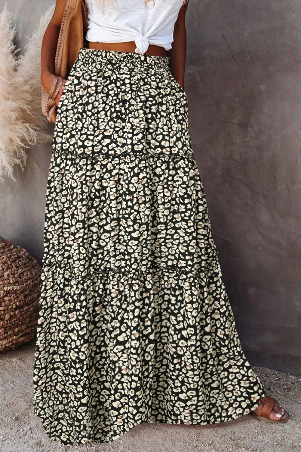 Floral Pocket Belted Pleated Maxi Skirt
