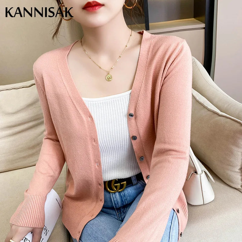 Spring Autumn Women Cardigans Loose Solid Single Breasted V-neck Pink Red Fashion Cardigan Jumpers Knitwear 2025