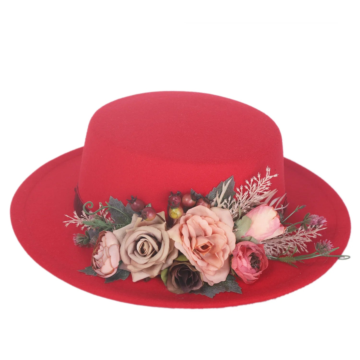 Fedora Hats Women's Flower flat cap Fashion Autumn Winter Warm Flat Top Basin Hats British Vintage Top Hats