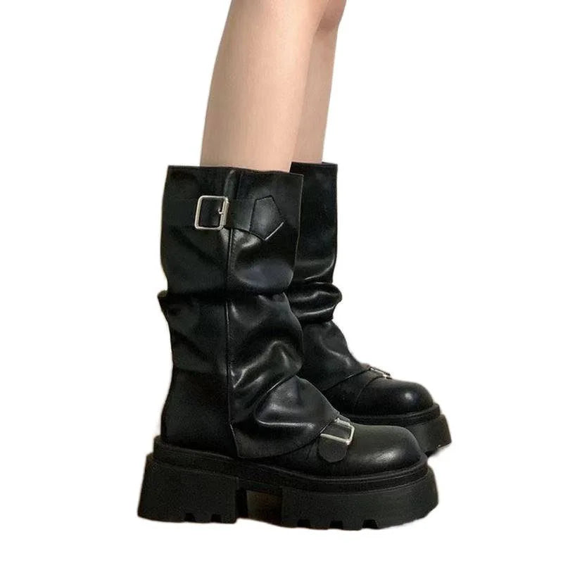 Women  Mid-Calf Women's Boots Platform Modern Boots Women Buckle Square Toe Side Zip Square Heel Shoes Female