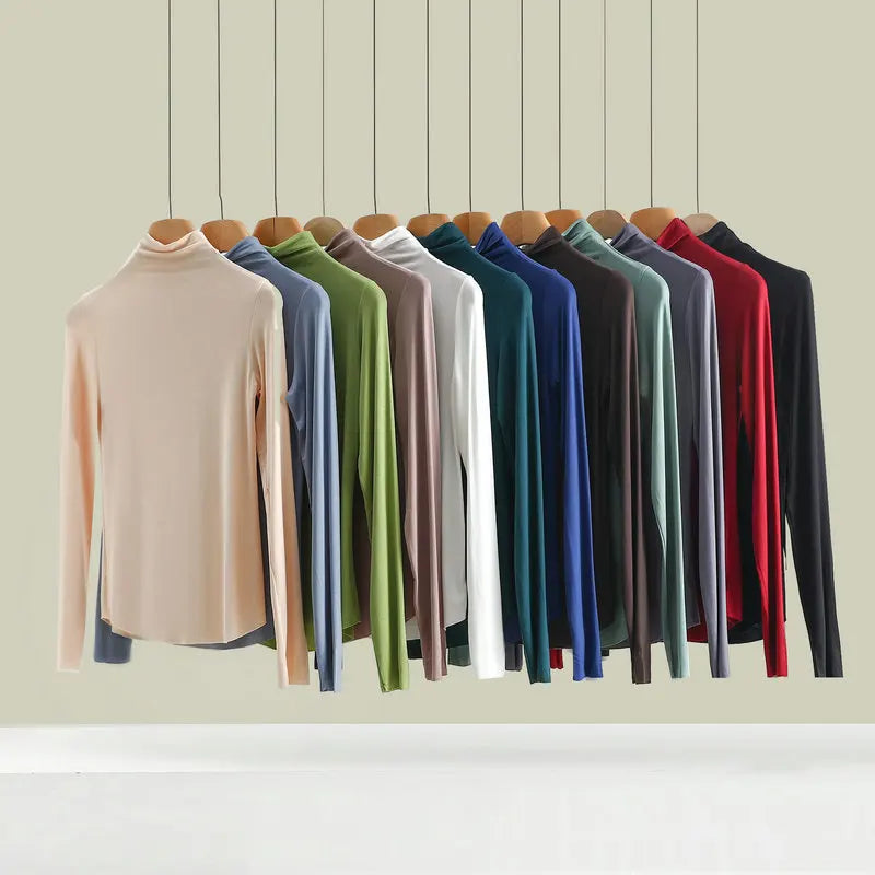 Women Autumn Bottoming Tshirt Long sleeves Mockneck Seamless T-shirt wear inside winter Tee Tops All match