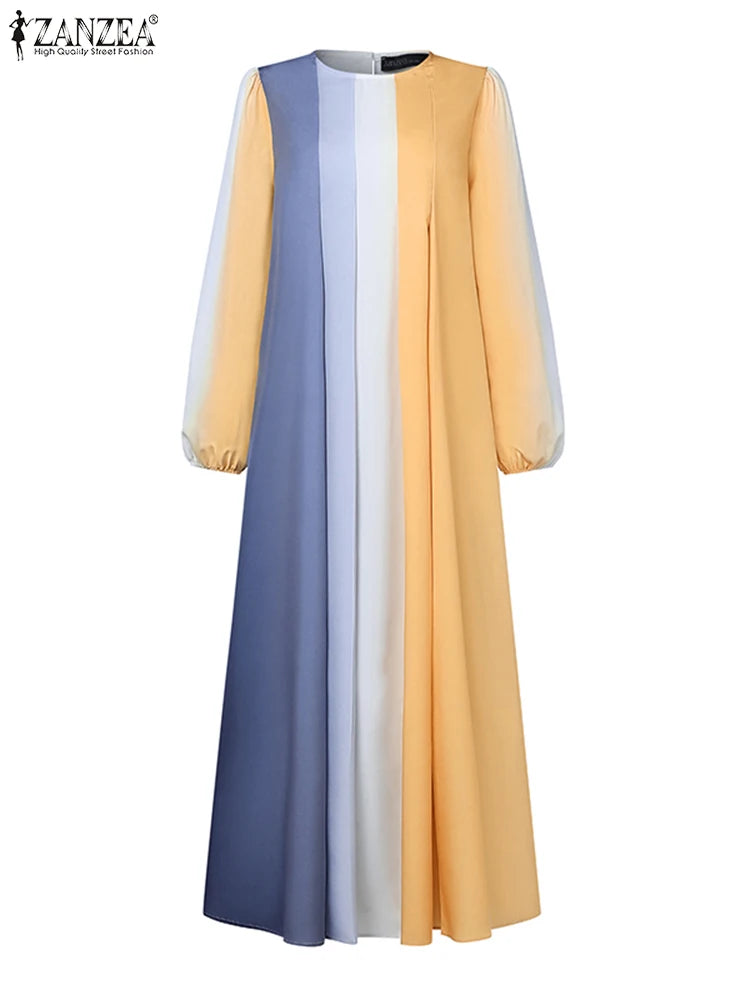 ZANZEA Elegant Women Long Sleeve Contrast Color Robe Maxi Dress Muslim Abaya Hijab Dresses Pleated Vestidos Eid Mubarek Sundress