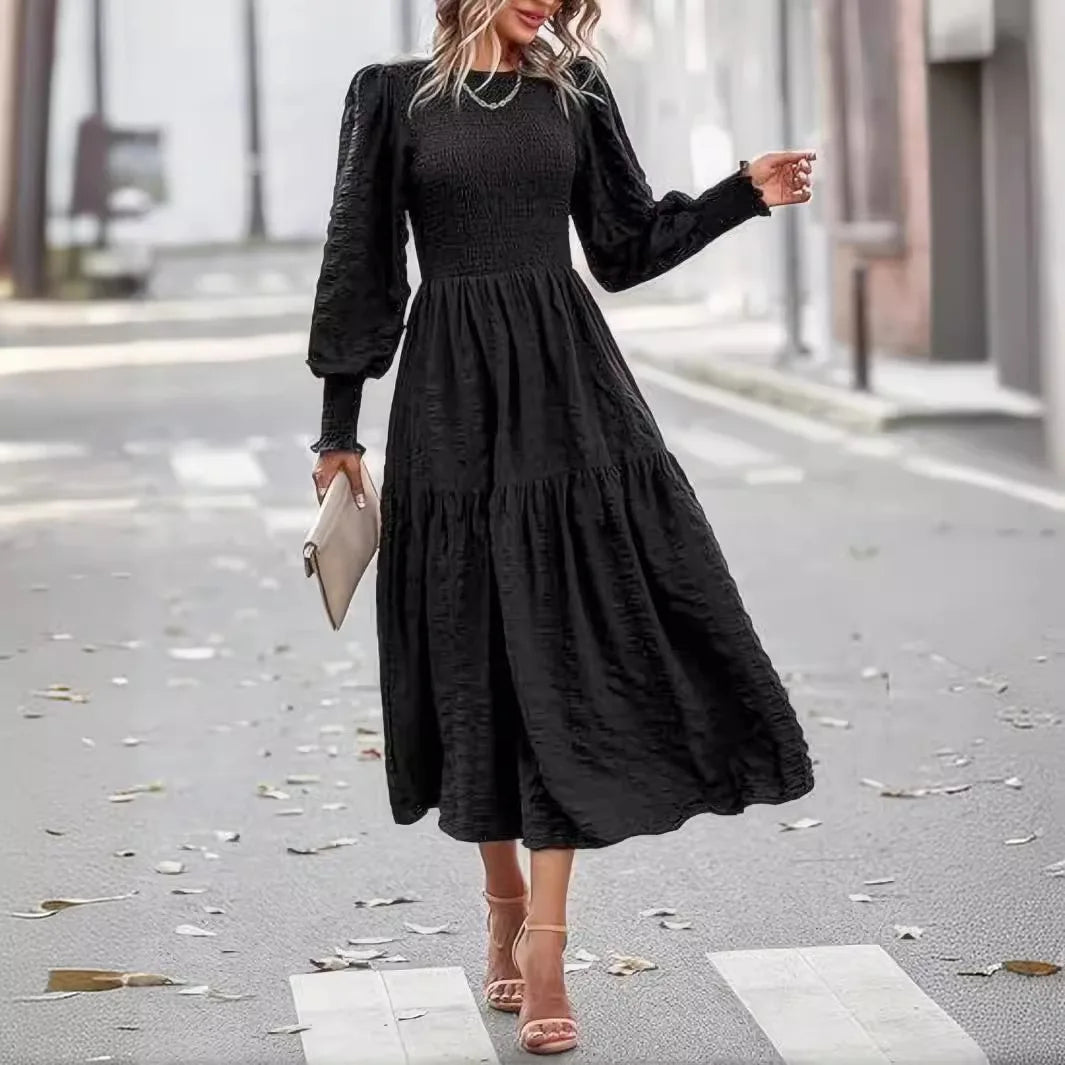 Dress Women Long Dresses A Line Vestidos Streetwear Round Neck Maxi Lantern Sleeve Casual Elegant Splice Y2k High Waist 2025