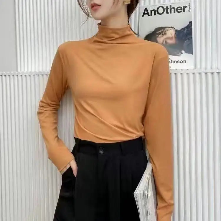 Autumn Winter Women T Shirt Long Sleeve Solid Color Pullover Basic Half Turtleneck Slim Fit Casual Top Korean Fashion Undershirt