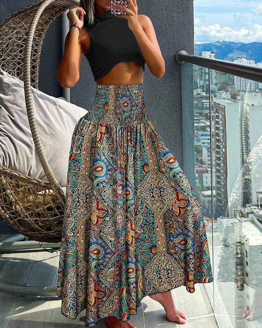 Women's High Waist Elastic Printed Long Skirt A-Line Flowy Maxi Skirt Bohemian Style Casual Beach Skirt
