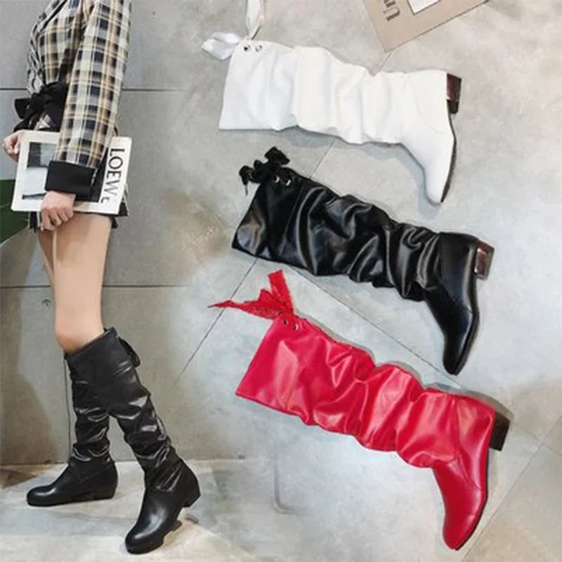 Knee High Boots Red Black White Tall Boots Woman Pleated Low Heel Casual Leather Female Long Shoes 2024