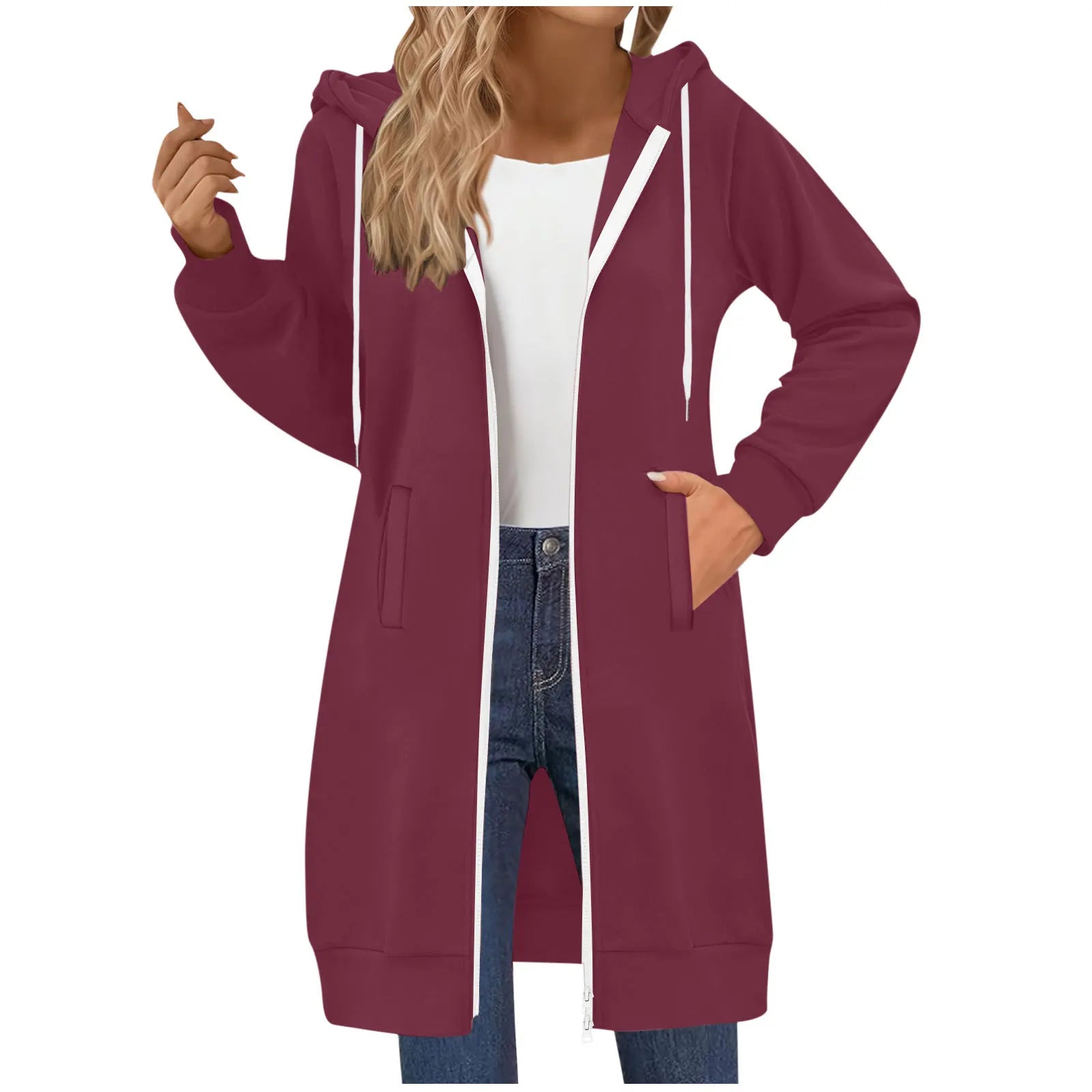 Women's Clothing Long Sweatshirt Casual Versatile Drawstring Long Sleeve Hooded Jacket with Pockets