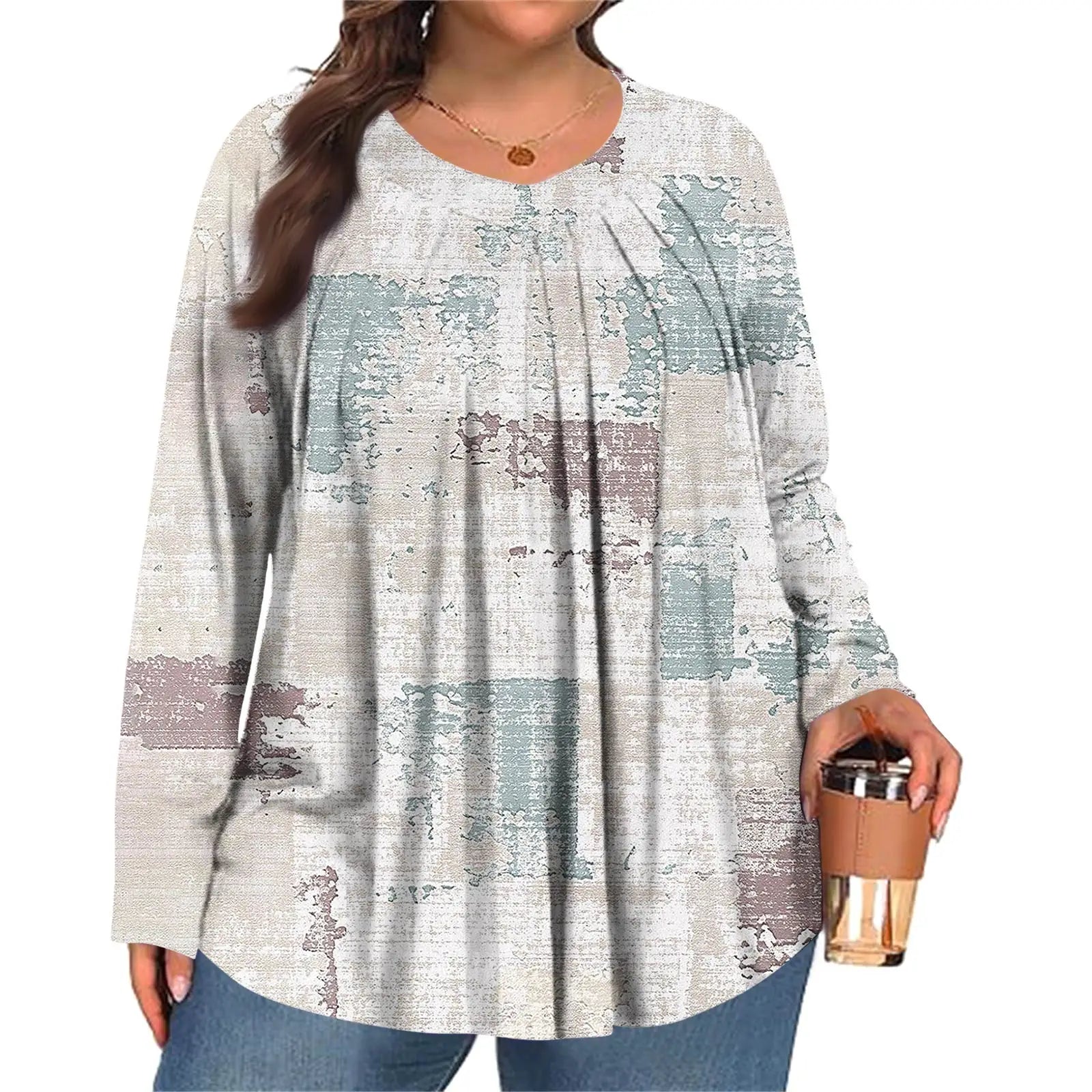 Plus Size Long Sleeve Top for Women Fashion Retro Floral Print Pleated Round Neck T-shirt Female Casual Autumn Base Shirt
