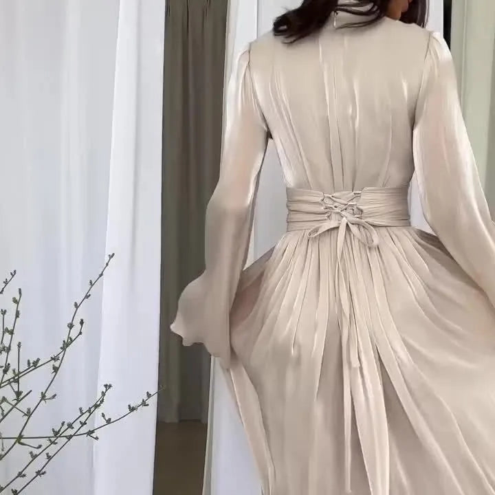 Lace-Up Pleated Kaftan Maxi Dress