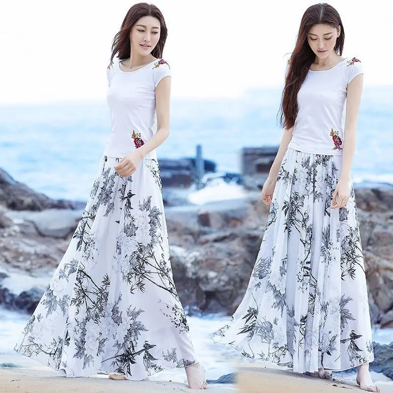 Floral Print Chiffon High Waist Boho Skirt