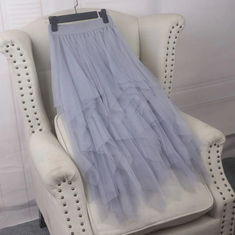 Long Mesh Skirt For Women 2025 Summer Tulle Skirt Women High Waist Maxi Skirt Spring Elastic Waist Adult Tutu Skirts Jupe Longue