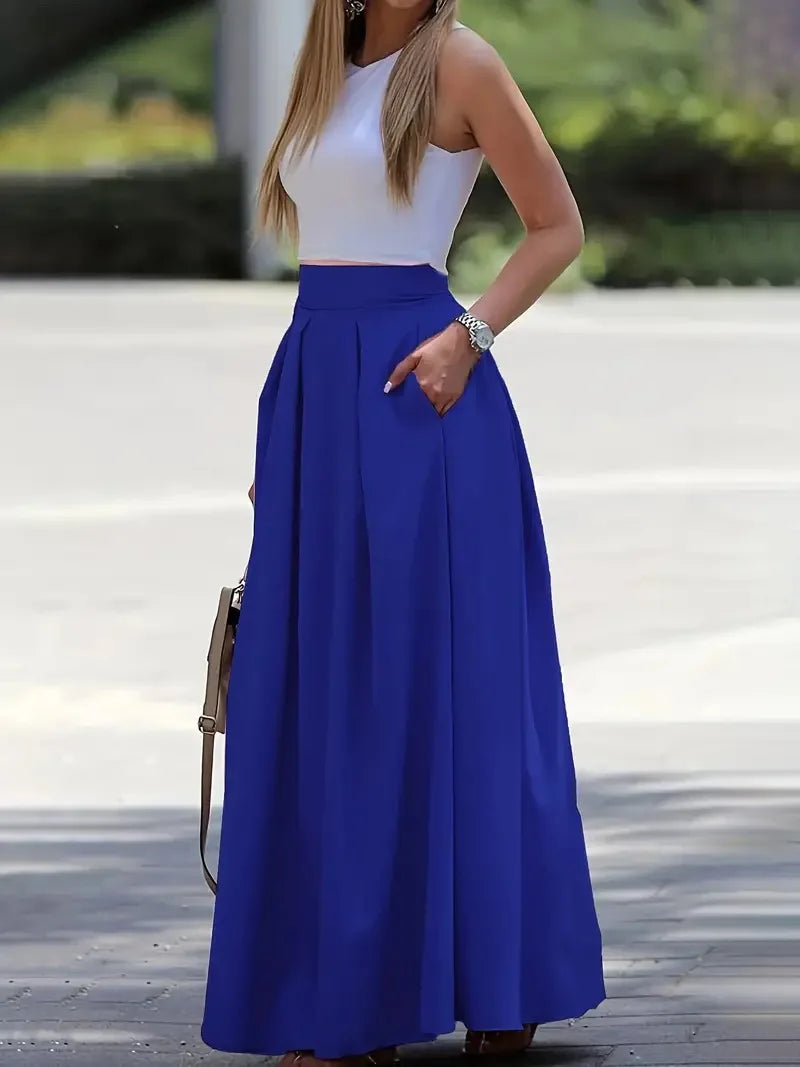 Long Skirts For Women Spring Summer High-waist Solid Color Long Skirt Women's Pocket Commuting A-line Pleated Fashion Long Skirt